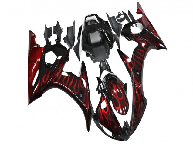 2003-2004 Yamaha YZF R6 Motorcycle Fairing - Glossy Black Red Flame Canada