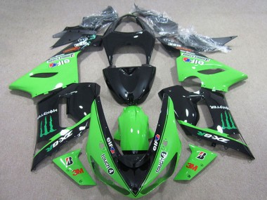 Shop 2005-2006 Kawasaki ZX6R Motorcycle Fairings - Glossy Black Green Elf Touch4 Bridgestone Monster Canada
