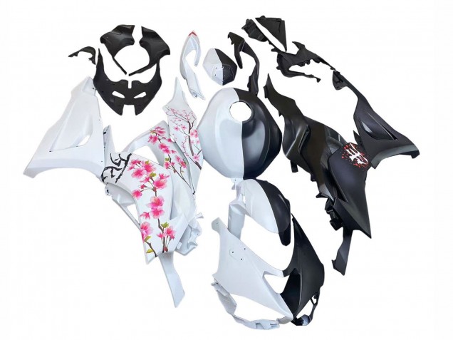2023-2026 Kawasaki ZX6R Motorcycle Fairings - Black White with Flower Canada