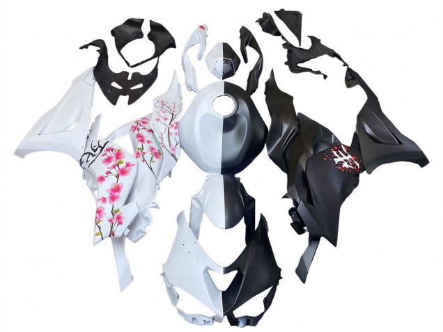 2023-2026 Kawasaki ZX6R Motorcycle Fairings - Black White with Flower Canada