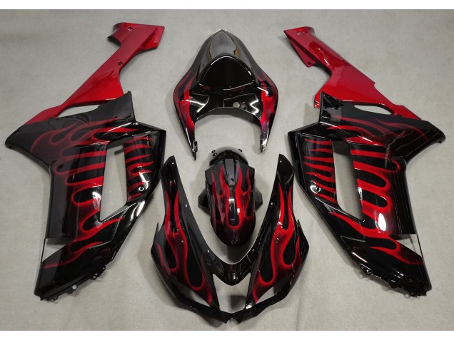2007-2008 Gloss Black & Red Flame ZX6R Fairings